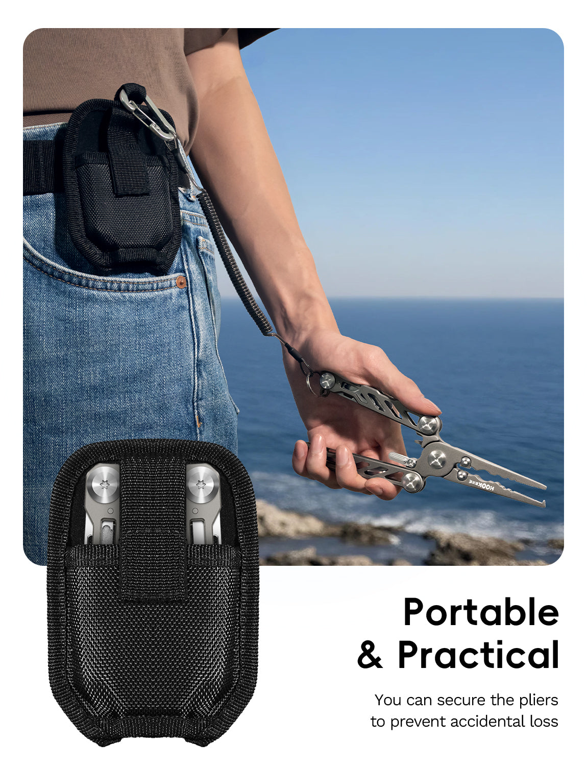 HookEze Folding Fishing Pliers | With Belt Pouch & Lanyard